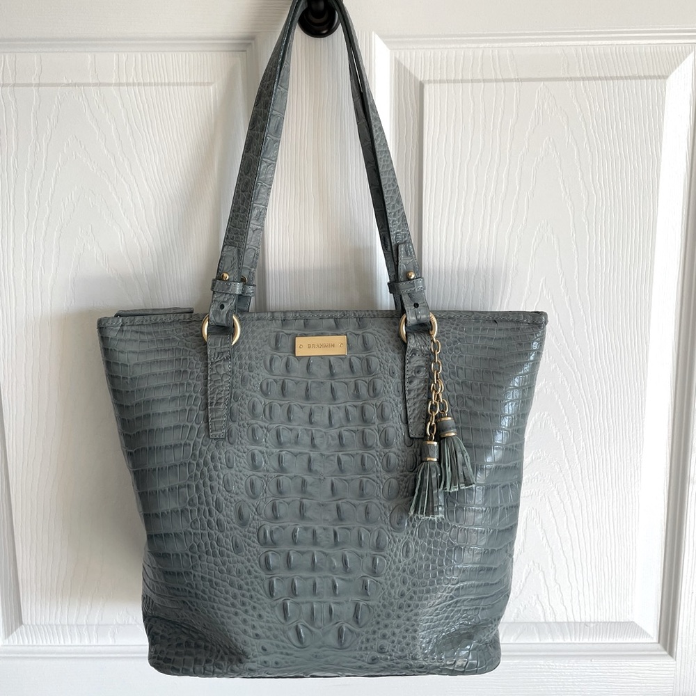 Brahmin Melbourne Collection: Blue Crocodile-Embossed Leather Tote Bag